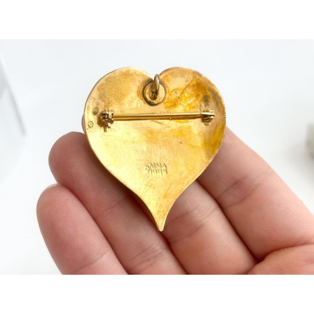 MMA (Modern Museum of Art) Cloissone 1985 Gold T Heart Vintage Brooch Pendant - Picture 10 of 10